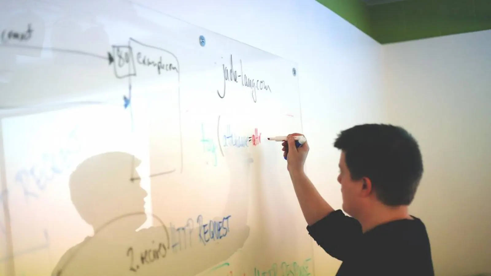 Man writing notes on a glass whiteboard